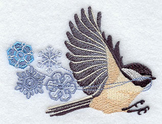Flying Chickadee with Snowflakes