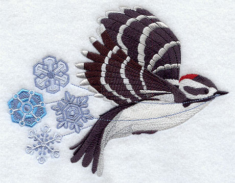 Flying Woodpecker with Snowflakes