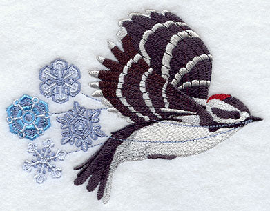 Flying Woodpecker with Snowflakes