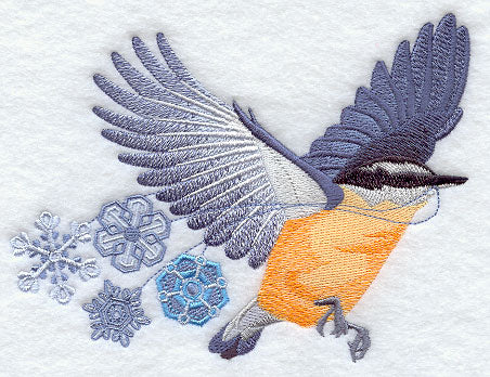 Flying Nuthatch with Snowflakes