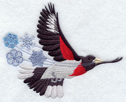 Flying Grosbeak with Snowflakes