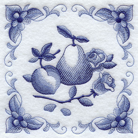 Delft Blue Roses and Fruit Square