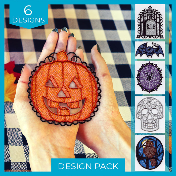 Halloween-themed design pack with a lace pumpkin held by a hand on a checkered background.