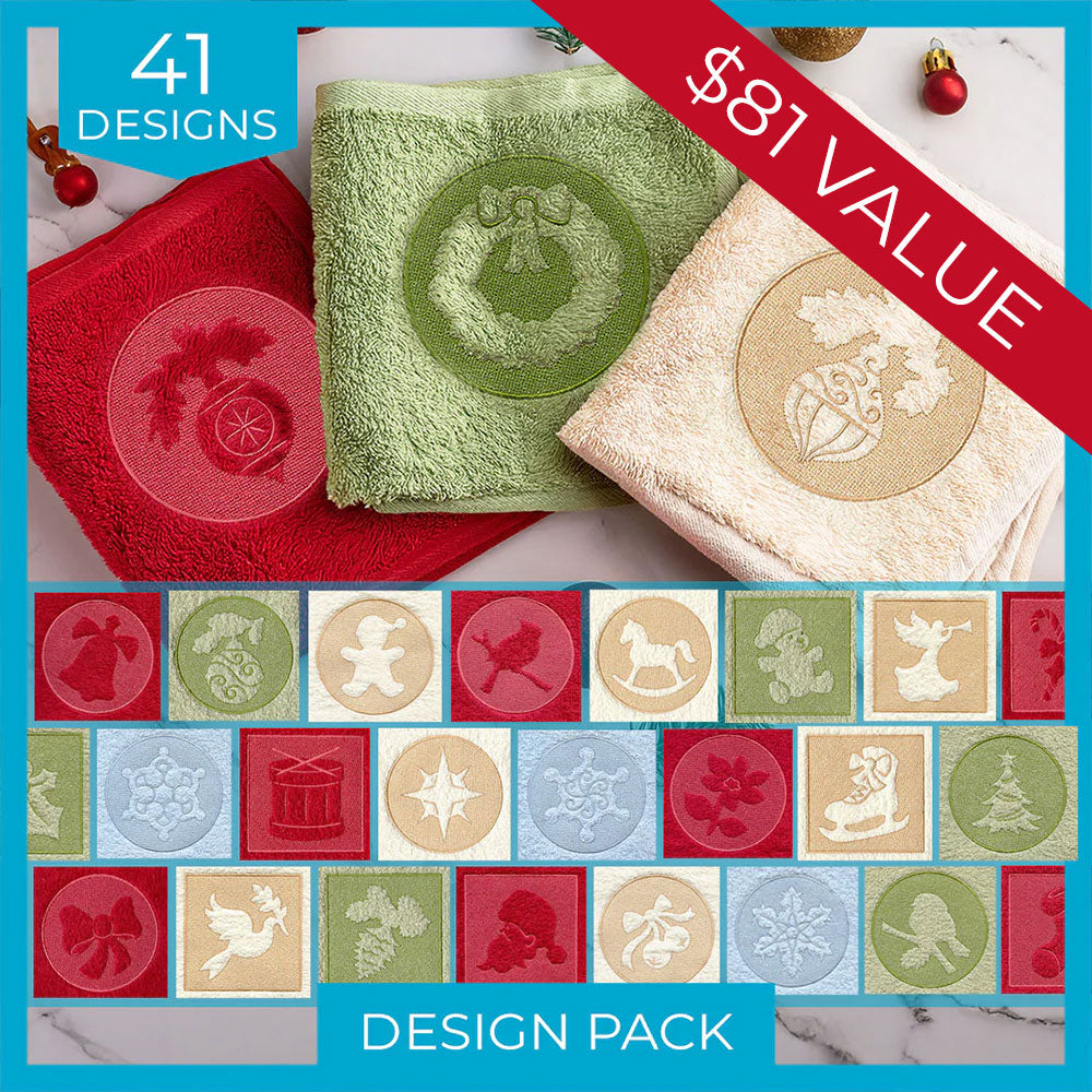 Three terrycloth towels with colorful Christmas-themed embroidery, including trees, reindeer, snowflakes, and ornaments.
