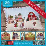 Digitally downloadable machine embroidery Design Pack with colorful village houses, carolers, and snowmen in winter scenes.