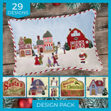Digitally downloadable machine embroidery Design Pack featuring colorful stitched houses, trees, and festive village details.
