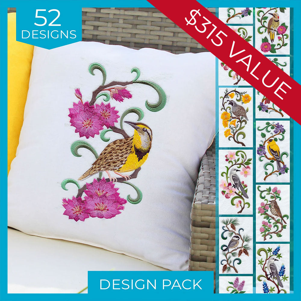 White pillow with embroidered state bird and flower, plus collage of similar digitally downloadable embroidery designs.