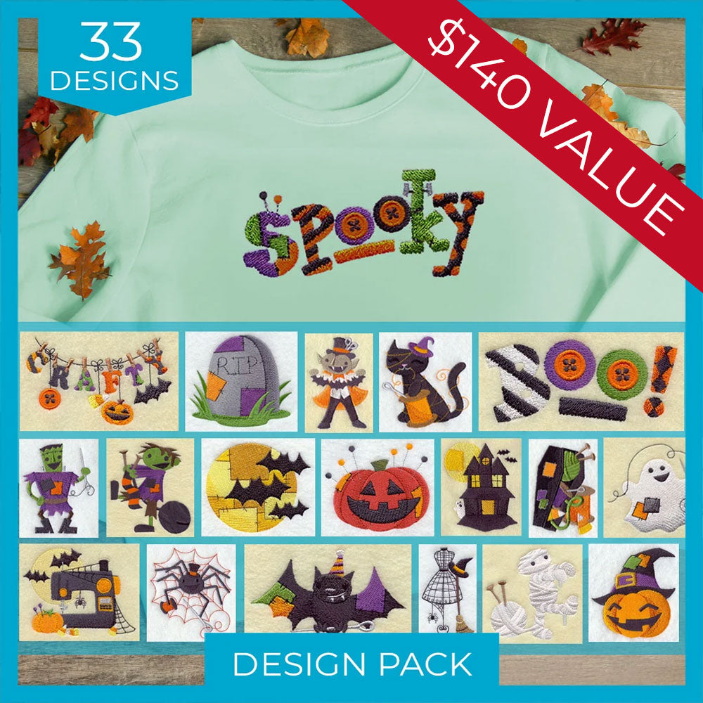 Digitally downloadable machine embroidery Design Pack featuring 33 Halloween-themed embroidered designs in various styles.