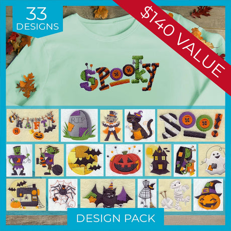 Digitally downloadable machine embroidery Design Pack featuring 33 Halloween-themed embroidered designs in various styles.