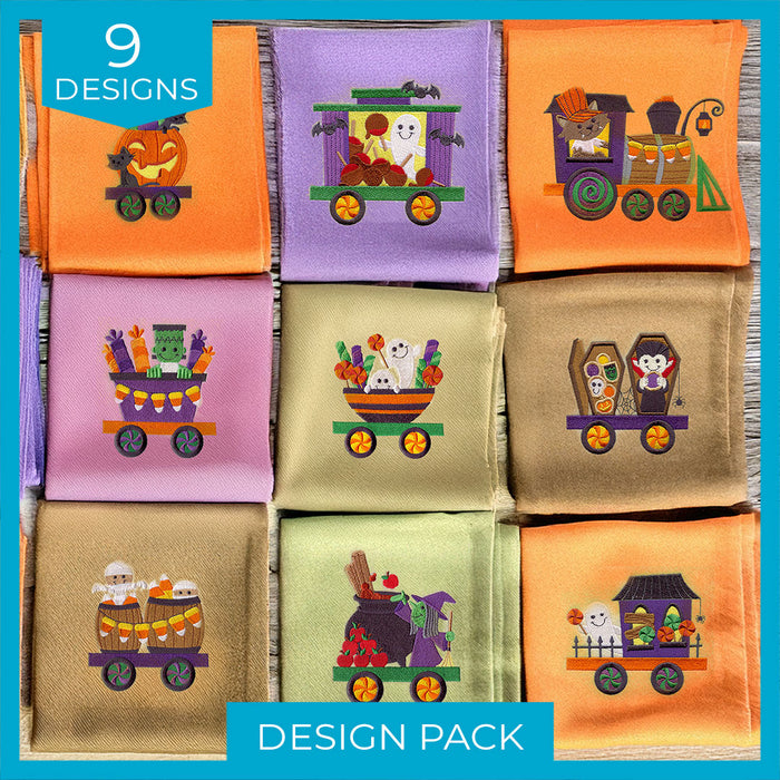 Collection of Halloween-themed designs on tea towels.