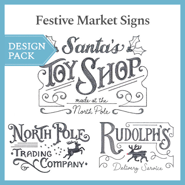 Digitally downloadable machine embroidery Design Pack featuring Christmas market-inspired sign motifs in festive colors.