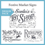 Digitally downloadable machine embroidery Design Pack featuring Christmas market-inspired sign motifs in festive colors.