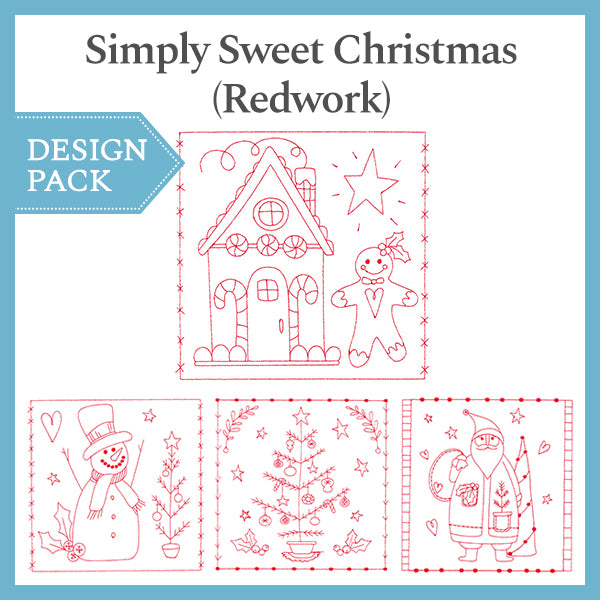 Digitally downloadable machine embroidery Design Pack featuring redwork-style outlines of a house, snowman, tree, and Santa.
