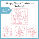 Digitally downloadable machine embroidery Design Pack featuring redwork-style outlines of a house, snowman, tree, and Santa.