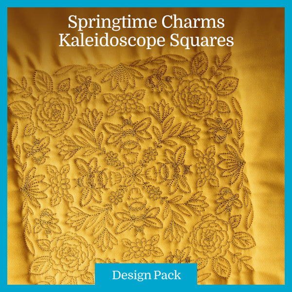 A yellow floral digitally downloadable machine embroidery Design Pack arranged in a symmetrical kaleidoscope square pattern.