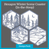 A Hexagon Winter Scene Coaster (In-the-Hoop) Design Pack