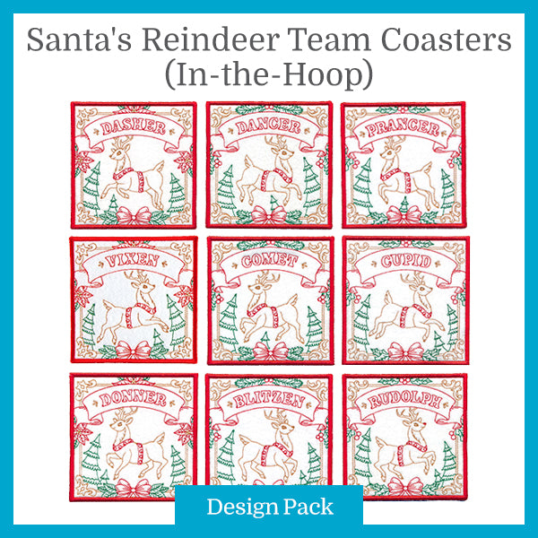 A Santa's Reindeer Team Coasters (In-the-Hoop) Design Pack