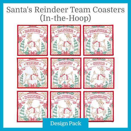 A Santa's Reindeer Team Coasters (In-the-Hoop) Design Pack