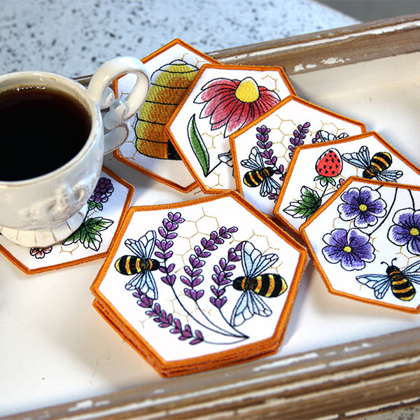 Neukim 2-Pack Car Cup Holder Coasters - Ceramic Honey Bee Design, Non-Slip Cork Base (2.56 Inch)
