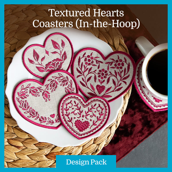 A Textured Hearts Coasters (In-the-Hoop) Design Pack – Embroidery
