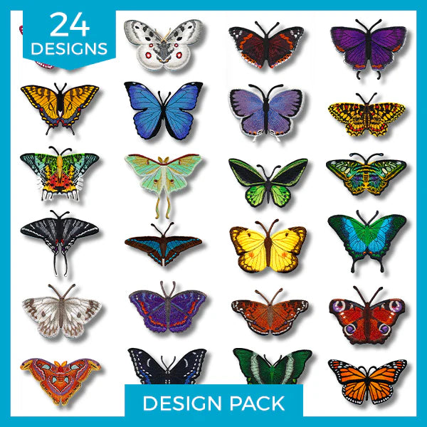 Embroidered designs of 24 distinct, vibrant butterflies arranged in rows, shown as digital machine embroidery motifs.