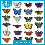 Embroidered designs of 24 distinct, vibrant butterflies arranged in rows, shown as digital machine embroidery motifs.