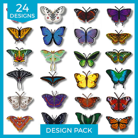 Embroidered designs of 24 distinct, vibrant butterflies arranged in rows, shown as digital machine embroidery motifs.