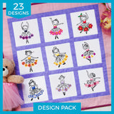 Nine embroidered ballerinas in colorful floral dresses, arranged within purple quilted borders on a finished quilt.