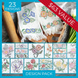 A digitally downloadable machine embroidery Design Pack featuring vintage-style floral patterns in various colors and shapes.