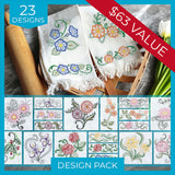 A digitally downloadable machine embroidery Design Pack featuring vintage-style floral patterns in various colors and shapes.
