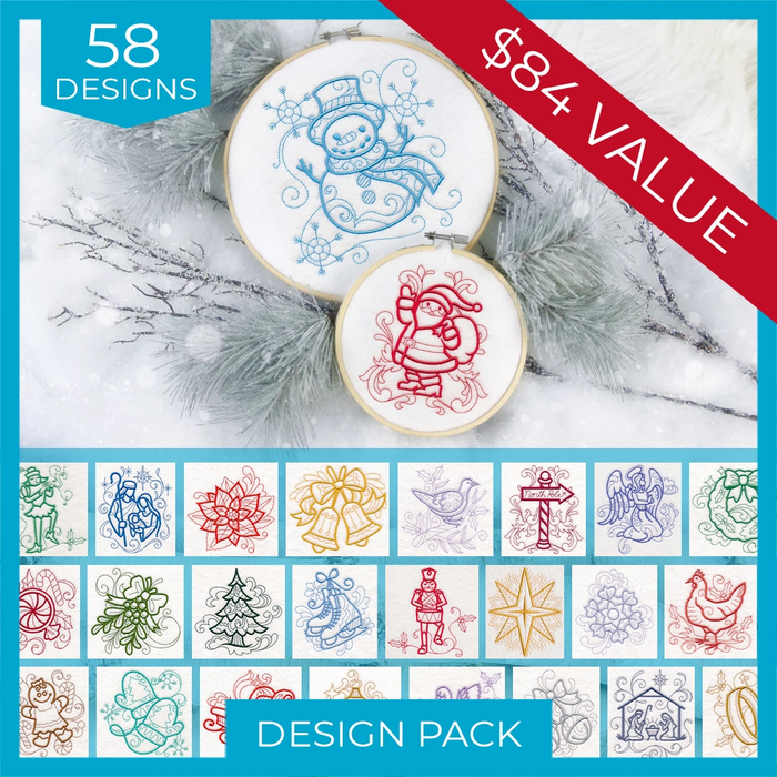 Winter machine embroidery design pack featuring 58 festive linework designs, including snowmen, Santa Claus, poinsettias, bells, angels, and other Christmas motifs.