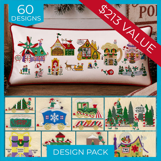 A Christmas-themed machine embroidered pillow shown as part of a design pack, with a large sample panel featuring multiple festive illustrations and a red diagonal banner reading '$213 VALUE'. Smaller preview panels below show additional designs such as a gingerbread house, Santa train, snowman car, Christmas trees, and holiday gifts.