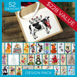 A tote bag with a machine embroidery cow and chickens design, shown as part of a craft design pack advertisement with '52 DESIGNS' and '$228 VALUE' text, plus a grid of many additional design previews.