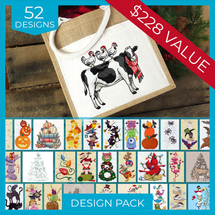 A tote bag with a machine embroidery cow and chickens design, shown as part of a craft design pack advertisement with '52 DESIGNS' and '$228 VALUE' text, plus a grid of many additional design previews.