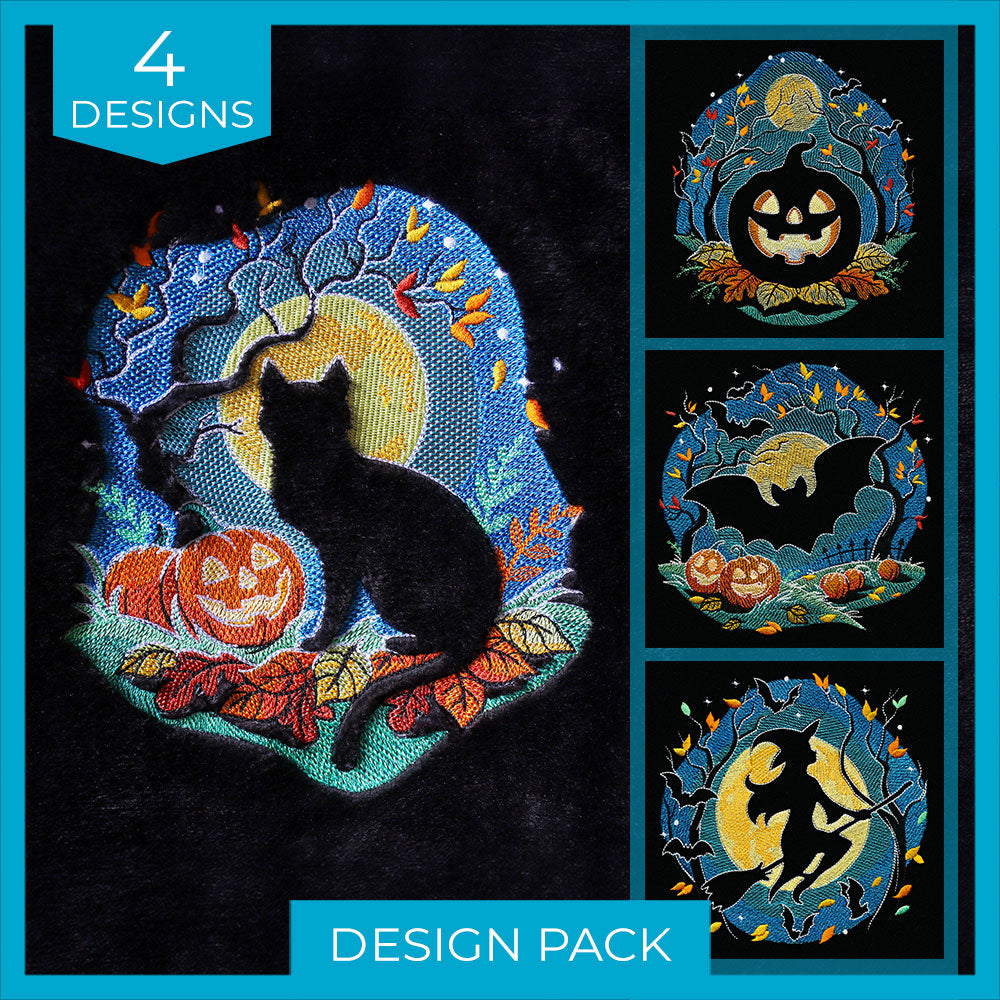 Black cat, pumpkin, bat, and witch silhouettes are embroidered in bold lines on plush fabric.