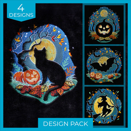 Black cat, pumpkin, bat, and witch silhouettes are embroidered in bold lines on plush fabric.