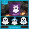 Digitally downloadable machine embroidery Design Pack with four embroidered ghosts and assorted accessory motifs.