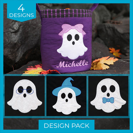 Digitally downloadable machine embroidery design pack with four ghosts: pink bow, sunglasses, witch hat, and blue bow tie.