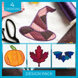 Digitally downloadable machine embroidery Design Pack with four appliqué designs: witch hat, pumpkin, leaf, and bat.