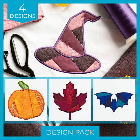 Patchwork embroidery depicts a witch hat, pumpkin, and bat in Halloween colors; labeled as a downloadable Design Pack.
