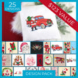 Digitally downloadable machine embroidery Design Pack featuring 25 colorful Christmas designs including Santa, reindeer, gifts, and festive vehicles.