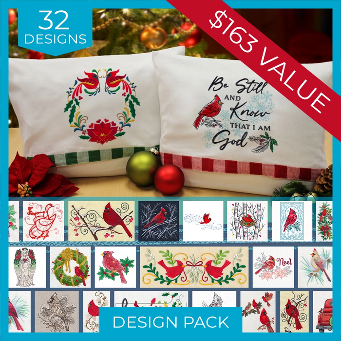Christmas cardinal machine embroidery design pack featuring 32 festive bird and holiday designs, with a $163 value and embroidered pillow examples.