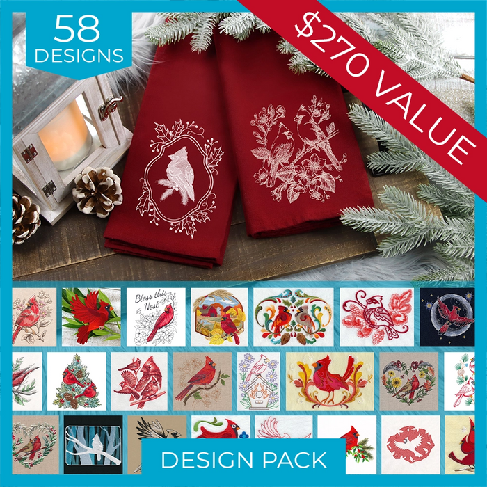 Collage featuring red cardinal machine embroidery designs, including embroidered holiday tea towels, winter cardinals, florals, and decorative motifs from a 58-design pack.
