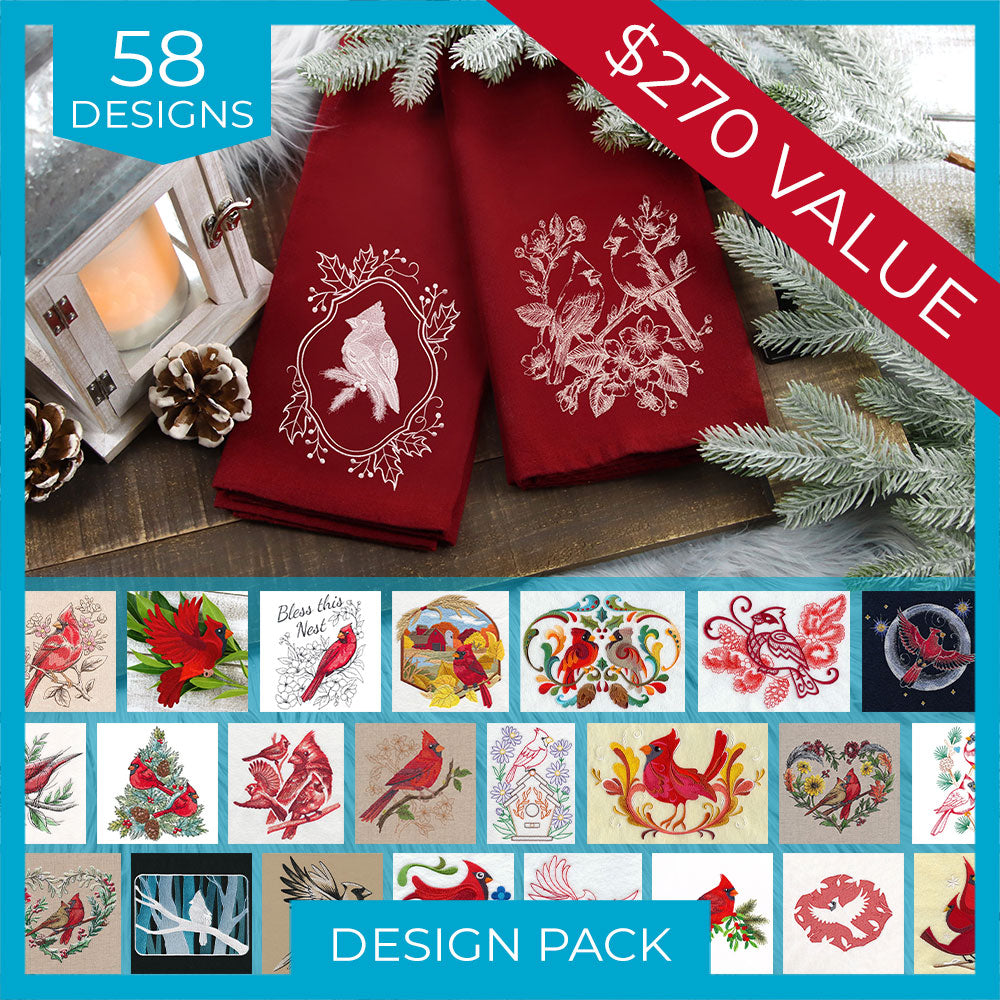 Digitally downloadable machine embroidery Design Pack featuring 58 cardinal-themed designs, shown on red fabric and as colorful sketches.