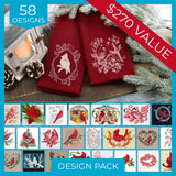 Digitally downloadable machine embroidery Design Pack featuring 58 cardinal-themed designs, shown on red fabric and as colorful sketches.