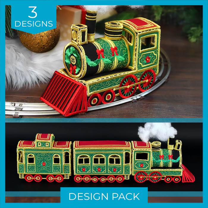A detailed embroidery design pack shows a festive green and red train set with gold accents, decorated with bows, garlands, and red flowers.