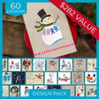 Digitally downloadable machine embroidery Design Pack featuring 60 winter-themed snowman designs including a snowman with a green scarf and top hat.