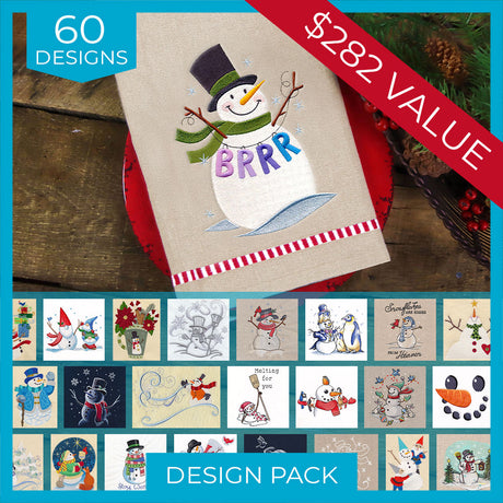 Digitally downloadable machine embroidery Design Pack featuring 60 winter-themed snowman designs including a snowman with a green scarf and top hat.