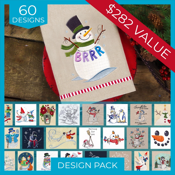 Snowman machine embroidery design pack featuring 60 winter and Christmas designs valued at $282. A cheerful snowman with a top hat and green scarf is embroidered on a beige towel, surrounded by smaller previews of festive snowman designs.