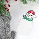 Digitally downloadable machine embroidery design of a smiling snowman wearing a red Santa hat and a green scarf appearing to peek out of a white pocket.